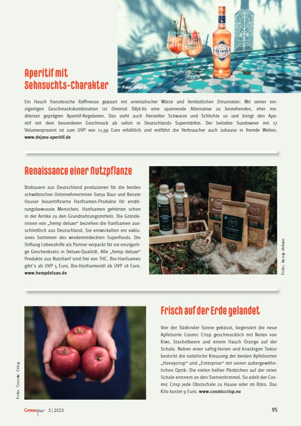 RENASON® NATURE Bio Hanfsamenprodukte werden in der Zeitschrift "Genuss Pur" vorgestellt"