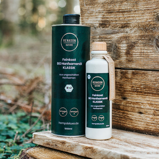 BIO Hanfsamenöl KLASSIK 200ml + 1000ml aus ungeschälten Hanfsamen