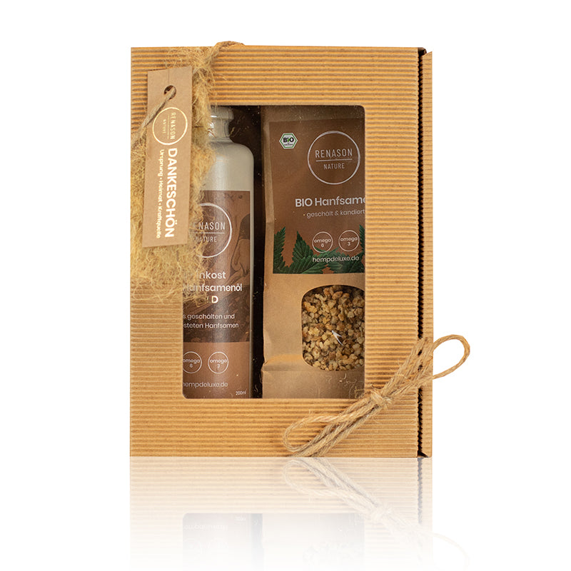 Geschenkset aus Hanfsamenöl GOLD, 200ml & Hanfsamen geschält und kandiert, 150g