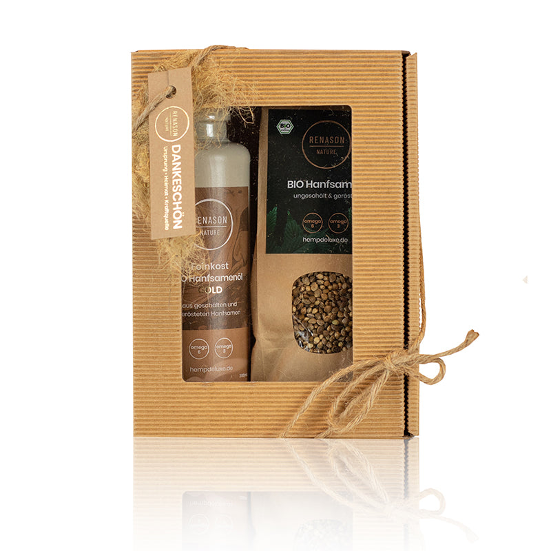 Geschenkset aus Hanfsamenöl GOLD, 200ml & Hanfsamen ungeschält und geröstet, 250g