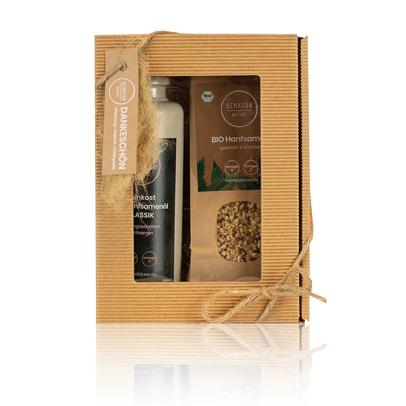 Geschenkset aus Hanfsamenöl KLASSIK, 200ml & Hanfsamen geschält und kandiert, 150g