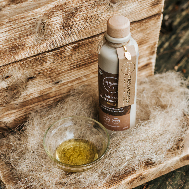Geschenkset aus Hanfsamenöl GOLD, 200ml & Hanfsamen ungeschält und geröstet, 250g