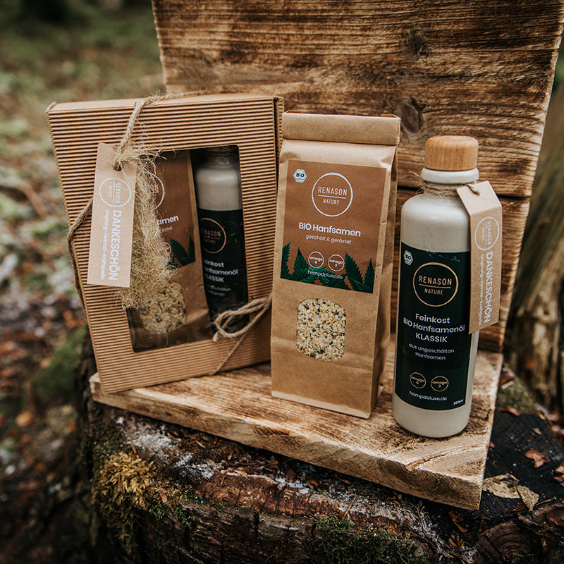 Geschenkset aus BIO Hanfsamenöl KLASSIK, 200ml & Hanfsamen geschält und geröstet, 250g